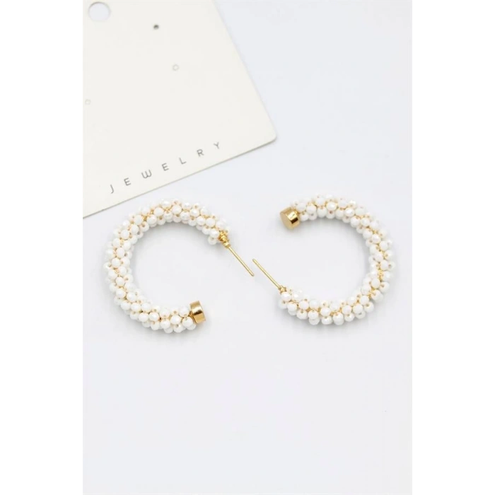 Kristal Boncuk Halka Küpe - Beyaz