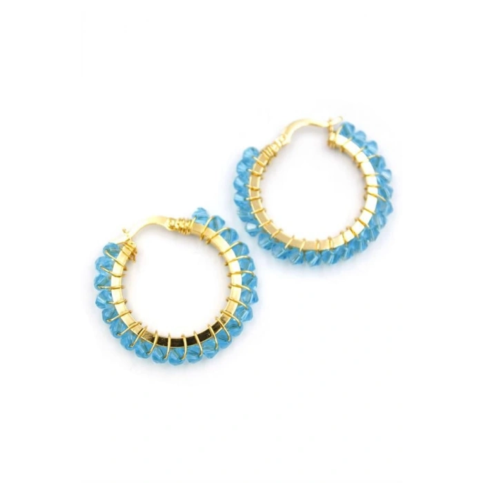 Kristal Boncuk Halka Küpe - Turkuaz