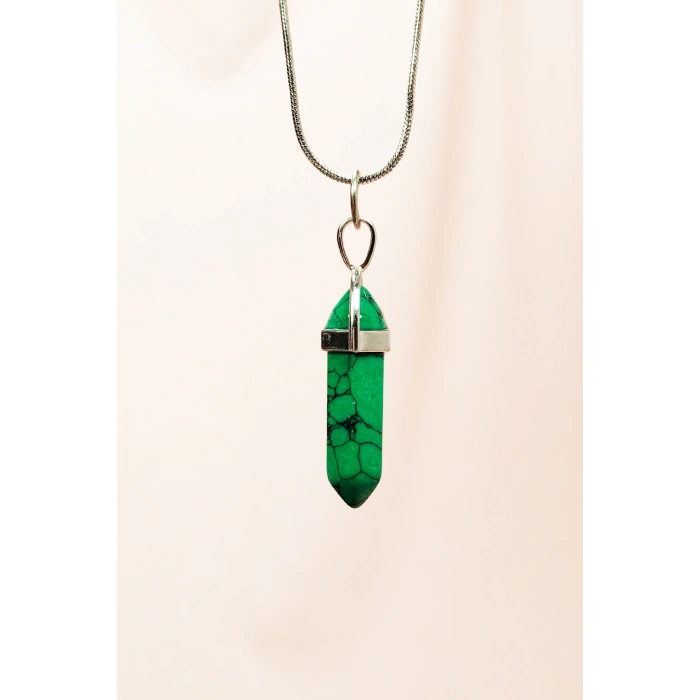 Krizopraz Doğal Taşı Zincirli El Yapımı Tasarımlı Kolye Uç: 3,5 cm Zincir: 20 cm Kutulu