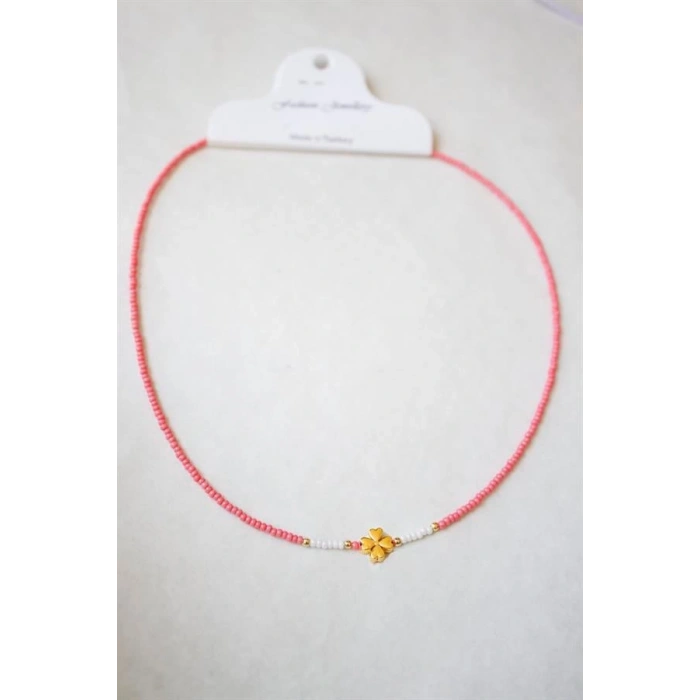 Kum Boncuklu Yonca Kolye - Nar Çiçeği