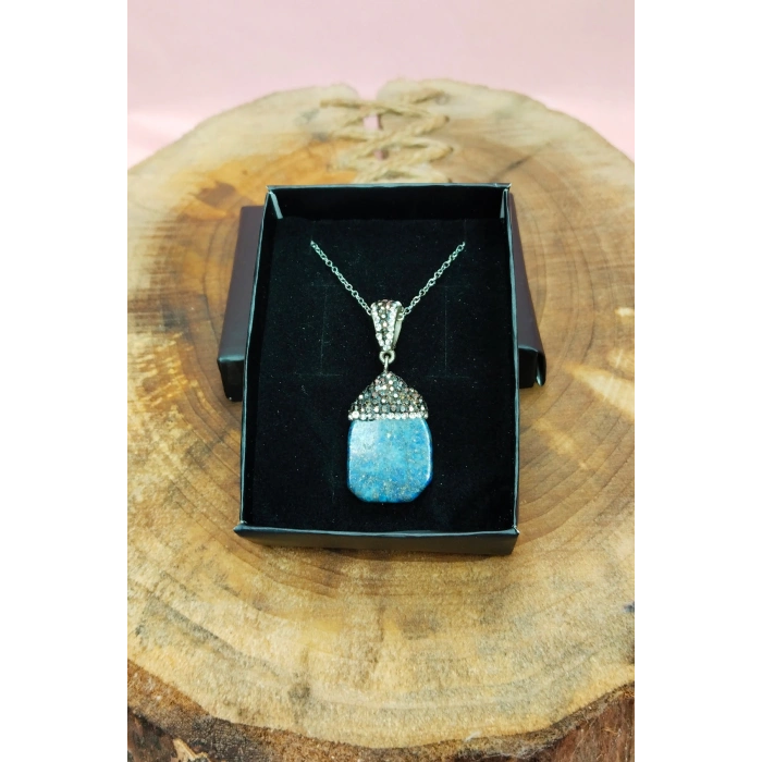 Lapis Doğal Taşı Zincirli El Yapımı Kolye Uç: 3 cm Zincir: 20 cm Kutulu