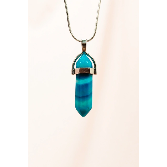 Mavi Akik Doğal Taşı Zincirli El Yapımı Tasarımlı Kolye Uç: 3,5 cm Zincir: 20 cm Kutulu