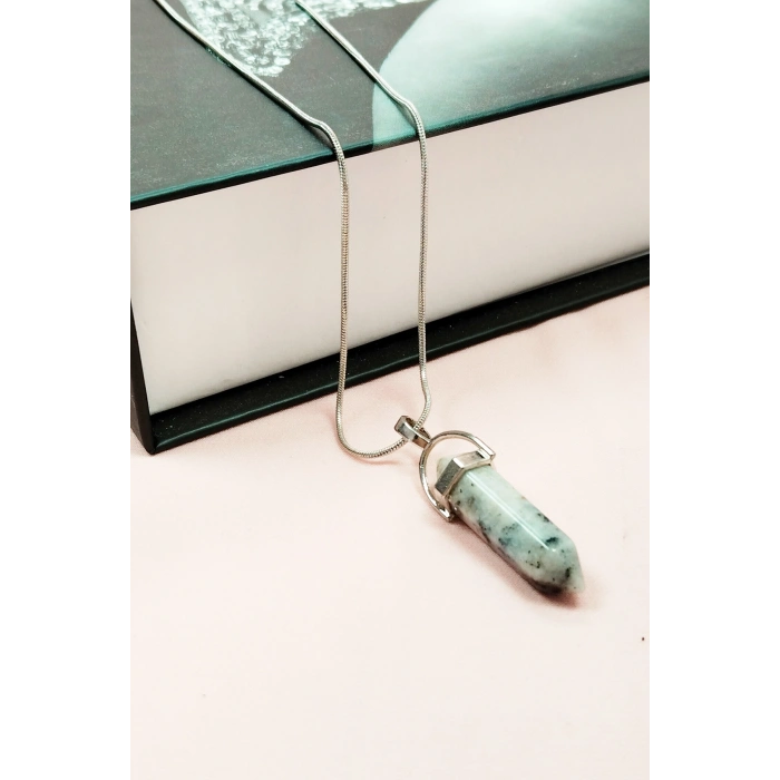 Mavi Kuvars Doğal Taşı Zincirli El Yapımı Tasarımlı Kolye Uç: 3,5 cm Zincir: 20 cm Kutulu