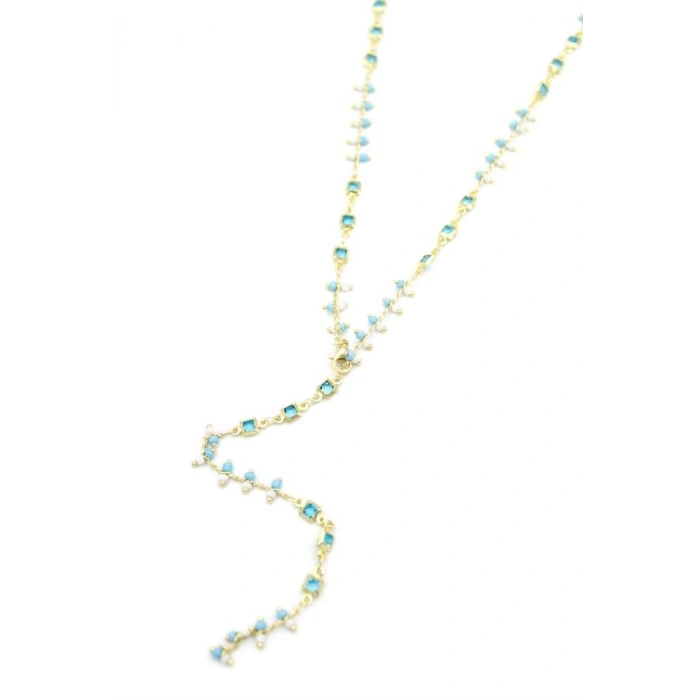 Mavi Taşlı Y Kolye - Altın