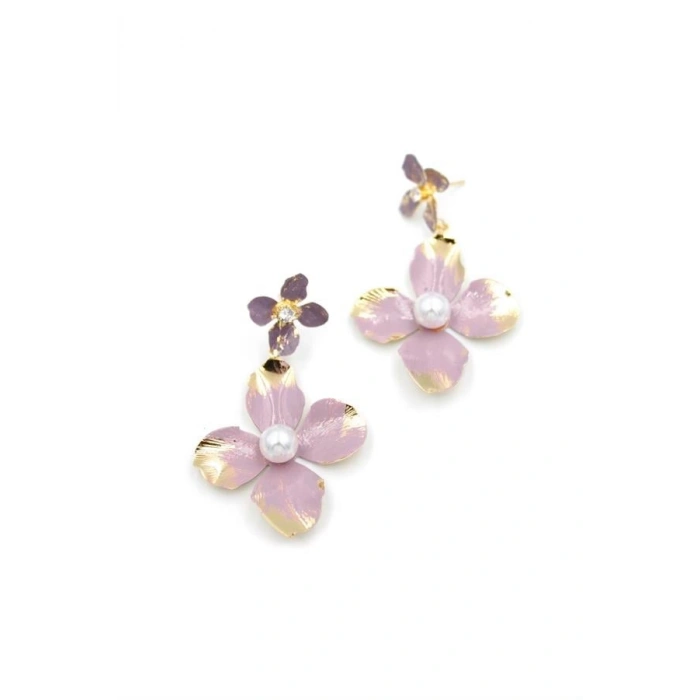 Metal Çiçek Küpe - Pembe