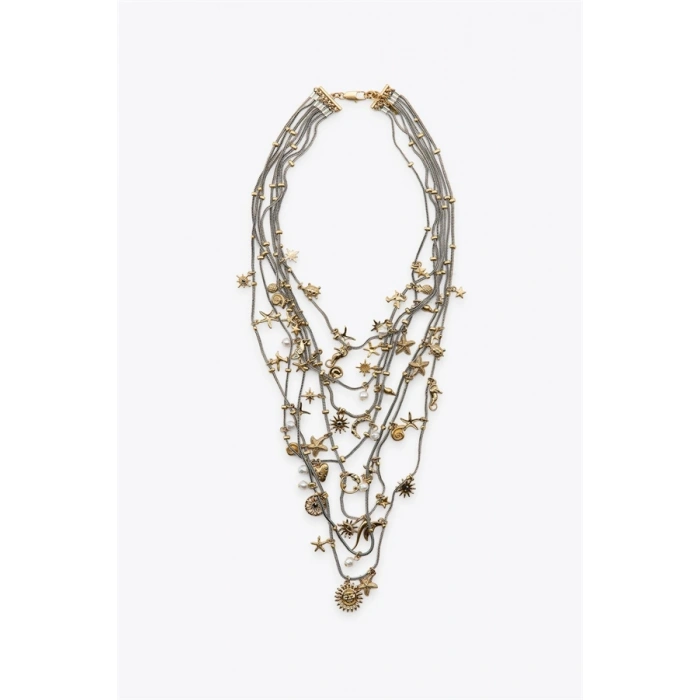 Metal Deniz Temalı Çoklu Kolye - Gümüş