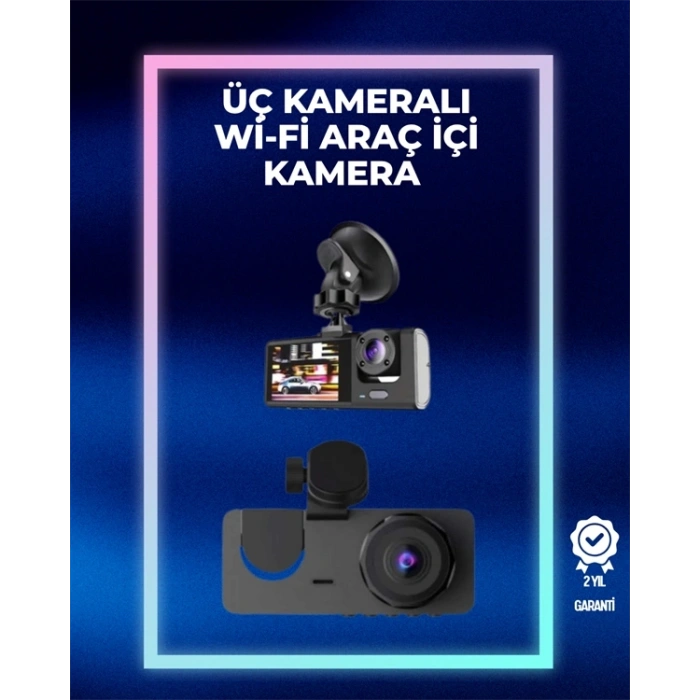 Mey İthalat® 1080p Ön + 720p Arka & İç Kamera – Suya Dayanıklı Araç Güvenlik Kamerası