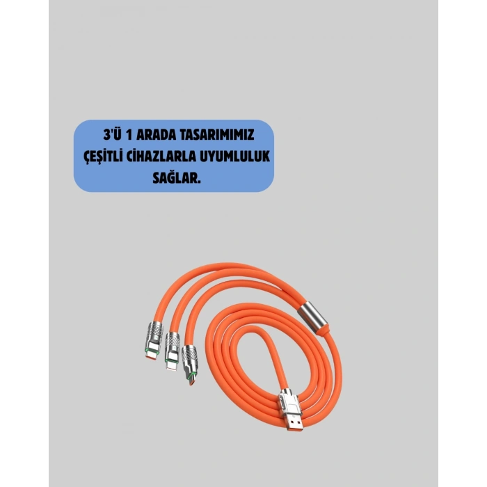 Mey İthalat® 120W Şarj Destekli 3’ü 1 Arada Çoklu Şarj Kablosu – 1.2 Metre