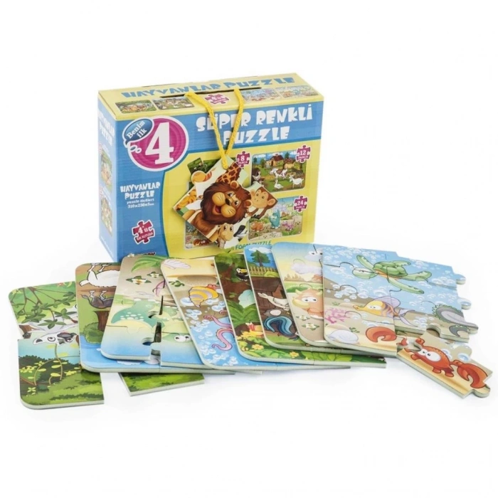 Mey İthalat® 1481 Süper Renkli 4lü Puzzle - Hayvanlar / 8+12+16+24 Parça Puzzle