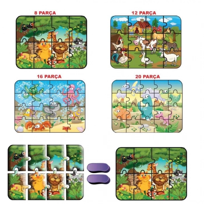 Mey İthalat® 1481 Süper Renkli 4lü Puzzle - Hayvanlar / 8+12+16+24 Parça Puzzle