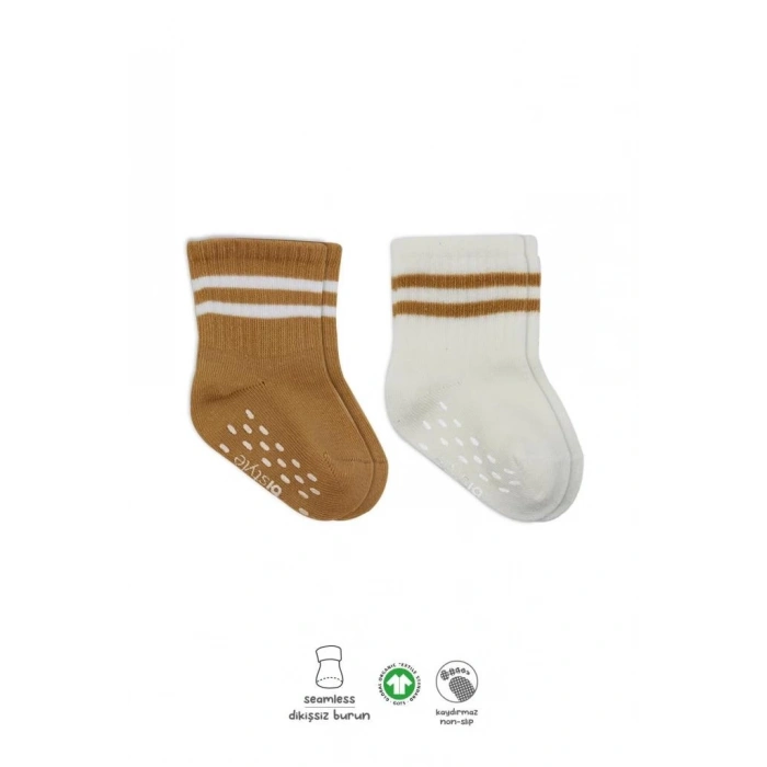 Mey İthalat®   2Li Çemberli Kaymaz Soket Çorap 10125 Ekru Hardal