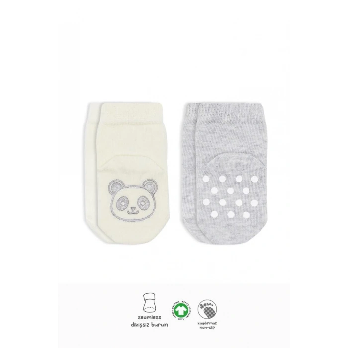 Mey İthalat®   2Li Hayvan Figürlü Kaymaz Soket Çorap 10104 Gri Ekru