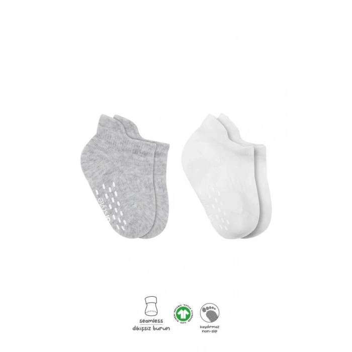 Mey İthalat®   2Li Sneakers Kaymaz Basic Penye Çorap 20103 Gri Beyaz