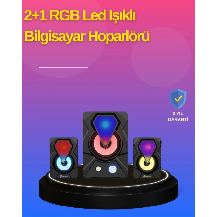 Mey İthalat® 2.1 Kanal RGB LED Oyun Hoparlörü Subwoofer Destekli