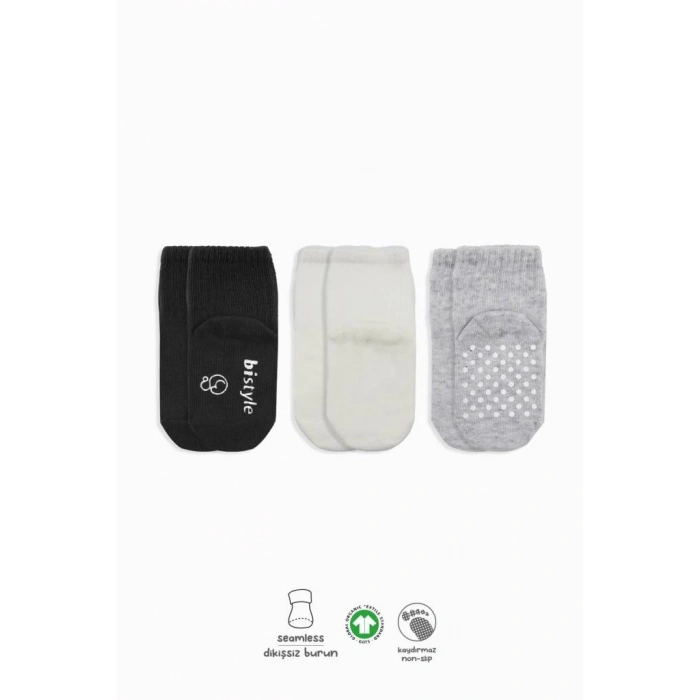 Mey İthalat®   3Lü Basic Kaymaz Penye Soket Çorap 10107 Siyah Ekru Gri