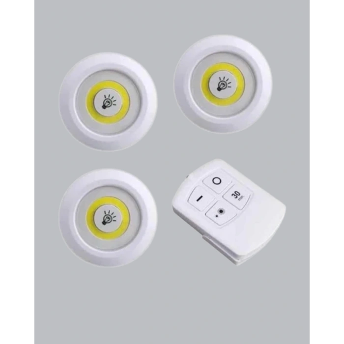 Mey İthalat® 3 Lü Pilli Kablosuz Led Spot Lamba Seti Kumandalı Kolay Montaj Aydınlatma
