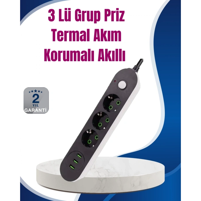 Mey İthalat® 3 USB Çıkışlı Hızlı Şarjlı Anahtarlı Üçlü Priz