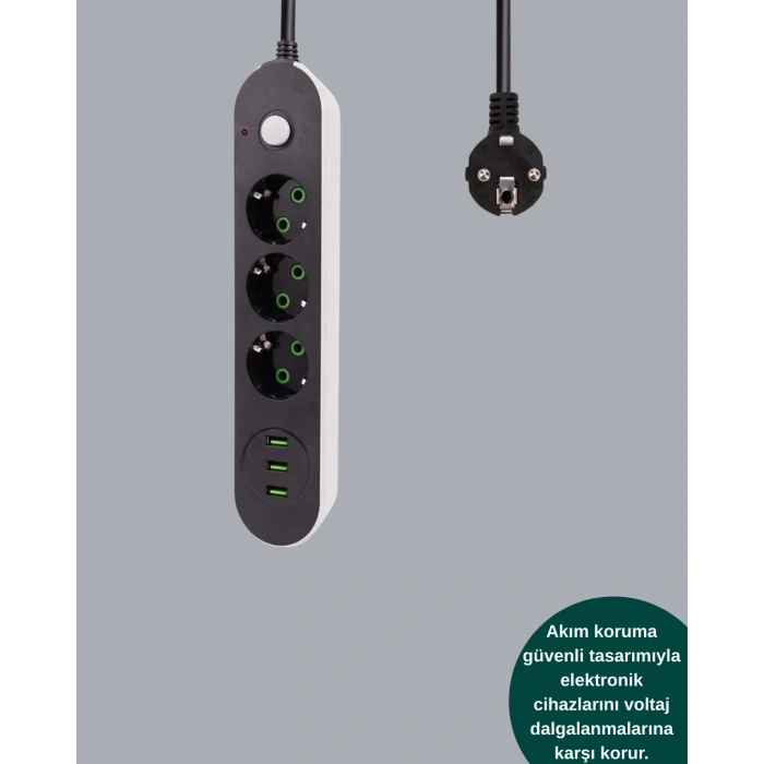 Mey İthalat® 3 USB Çıkışlı Hızlı Şarjlı Anahtarlı Üçlü Priz