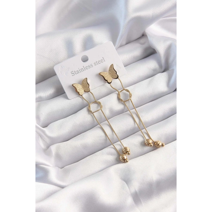 Mey İthalat® 316L Çelik Altın Renk Sallantılı Düğüm Model Kelebek Küpe