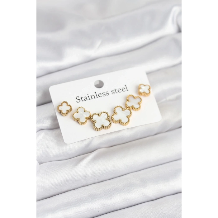 Mey İthalat® 316L Çelik Gold Beyaz Renk 3 Boy Yonca Küpe Seti