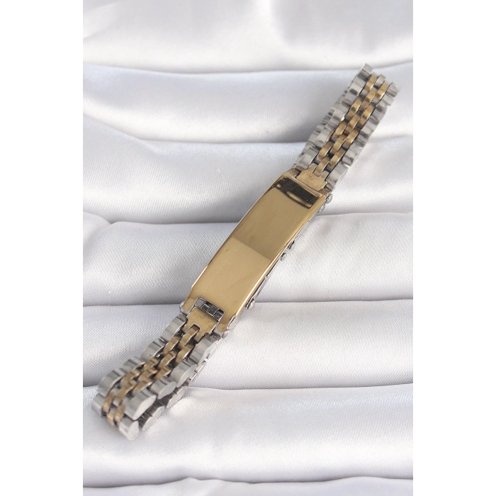 Mey İthalat® 316L Çelik Gold Gümüş Renk Kalın Zincir Künye Model Erkek Bileklik