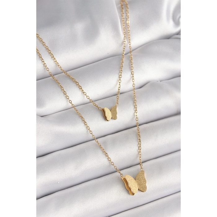 Mey İthalat® 316L Çelik Gold Renk 2Li Simli Kelebek Model Kadın Kolye