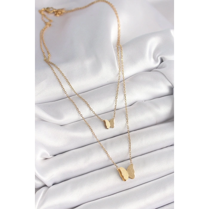 Mey İthalat® 316L Çelik Gold Renk 2Li Simli Kelebek Model Kadın Kolye