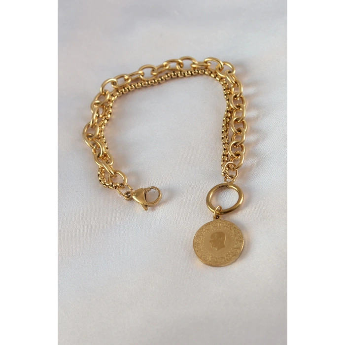 Mey İthalat® 316L Çelik Gold Renk 2li Zincir Model Çeyrek Altınlı Kadın Bileklik