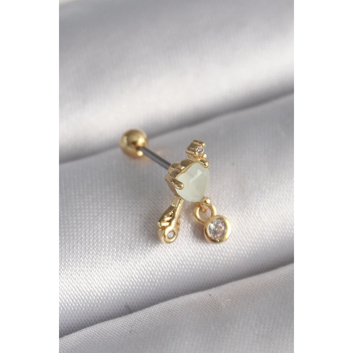 Mey İthalat® 316L Çelik Gold Renk Beyaz Mineli Kalp Sallantı Zirkon Taşlı Tragus Piercing