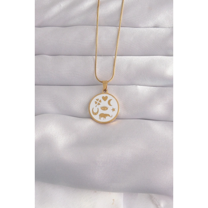 Mey İthalat® 316L Çelik Gold Renk Beyaz Mineli Karışık Figürlü Tarot Kolye