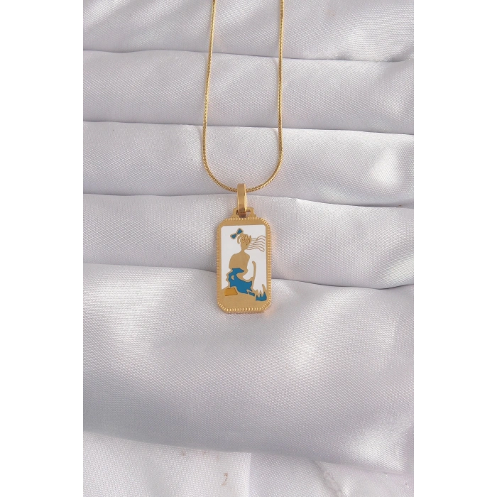 Mey İthalat® 316L Çelik Gold Renk Beyaz Mineli Kız Figür Tarot Kolye