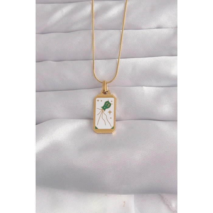 Mey İthalat® 316L Çelik Gold Renk Beyaz Mineli Tarot Kolye