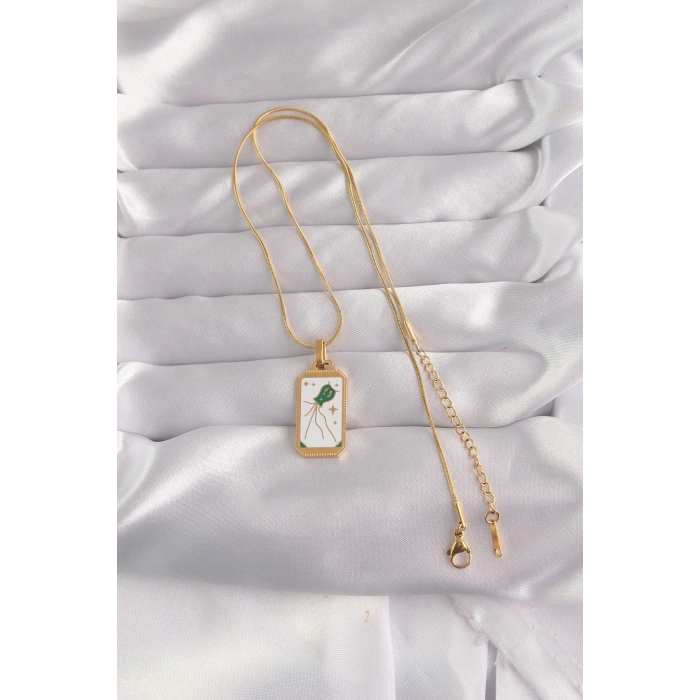Mey İthalat® 316L Çelik Gold Renk Beyaz Mineli Tarot Kolye