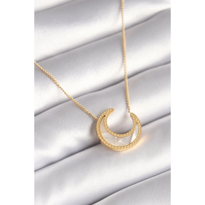 Mey İthalat® 316L Çelik Gold Renk Beyaz Sedefli Hilal Model Kadın Kolye