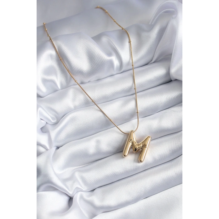 Mey İthalat® 316L Çelik Gold Renk Bubble M Harf Model Kadın Kolye