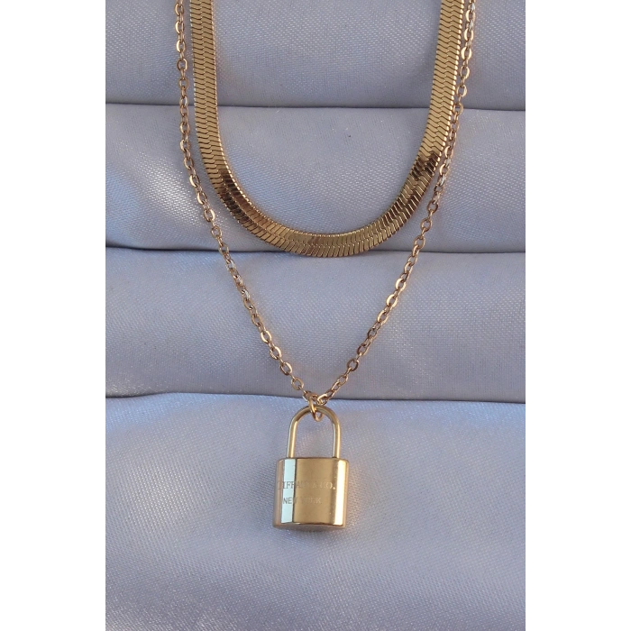 Mey İthalat® 316L Çelik Gold Renk Çift Zincir Kilit Model Kolye
