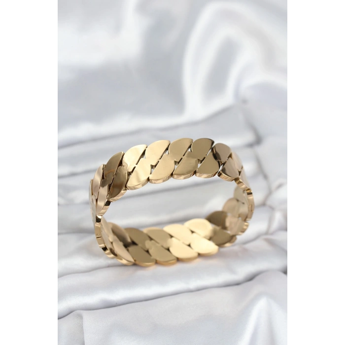 Mey İthalat® 316L Çelik Gold Renk Ezme Zincir Model Kadın Kelepçe Bileklik