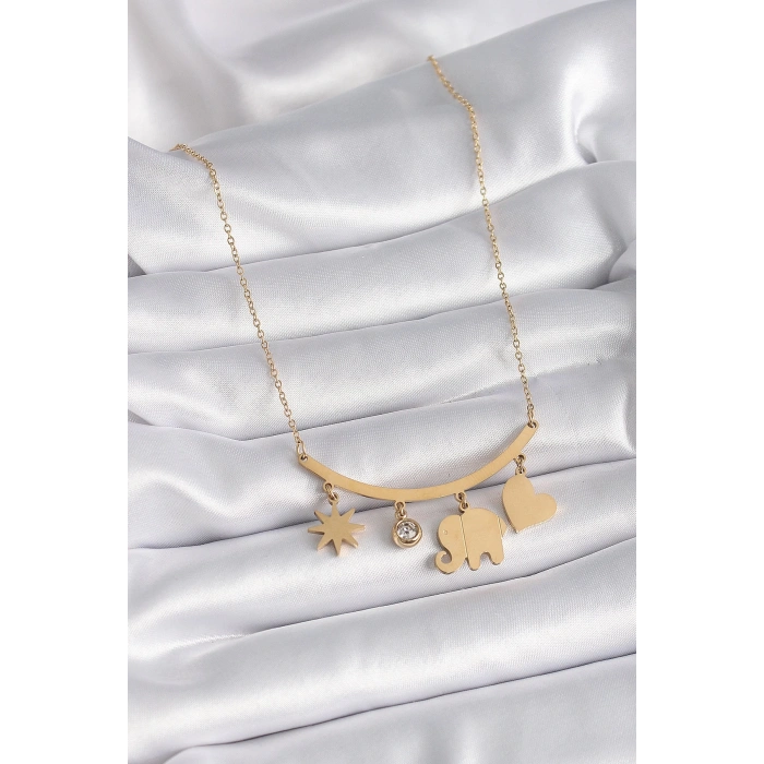 Mey İthalat® 316L Çelik Gold Renk Fil Figür Zirkon Taş Detay Kadın Kolye