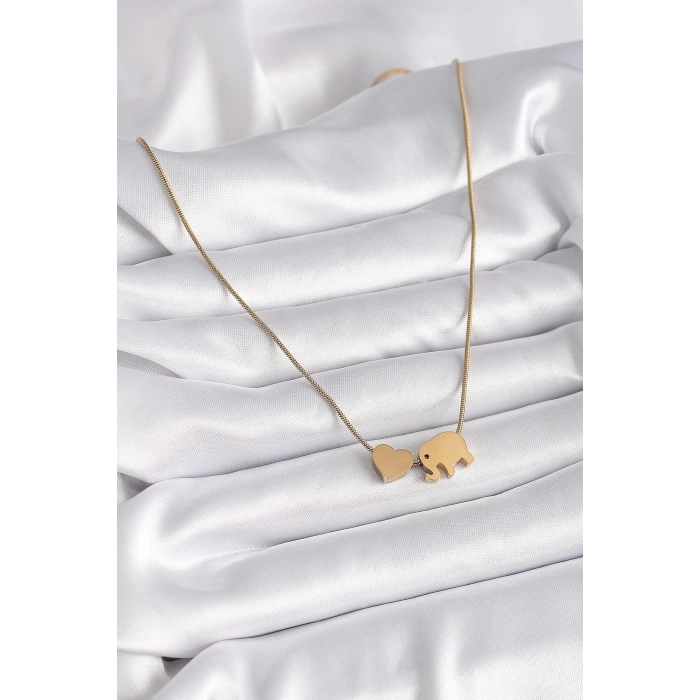 Mey İthalat® 316L Çelik Gold Renk Fil Kalp Figürlü Kadın Kolye