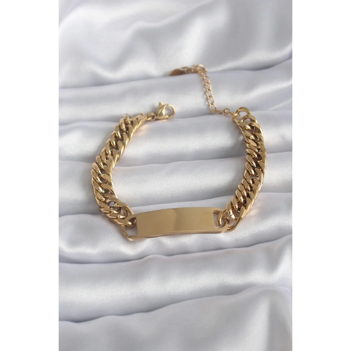Mey İthalat® 316L Çelik Gold Renk İsim Yazılabilir Plaka Model Kadın Bileklik