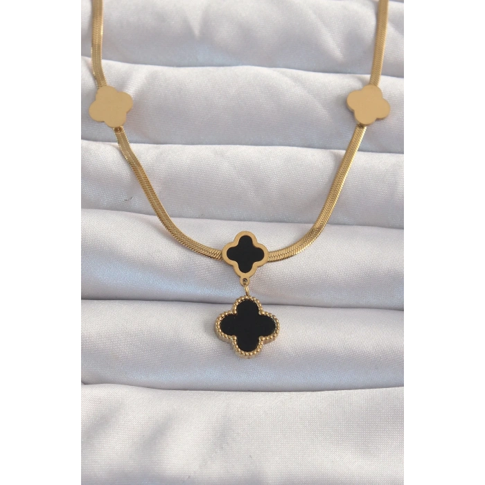 Mey İthalat® 316L Çelik Gold Renk İtalyan Zincirli Mineli Yonca Kolye