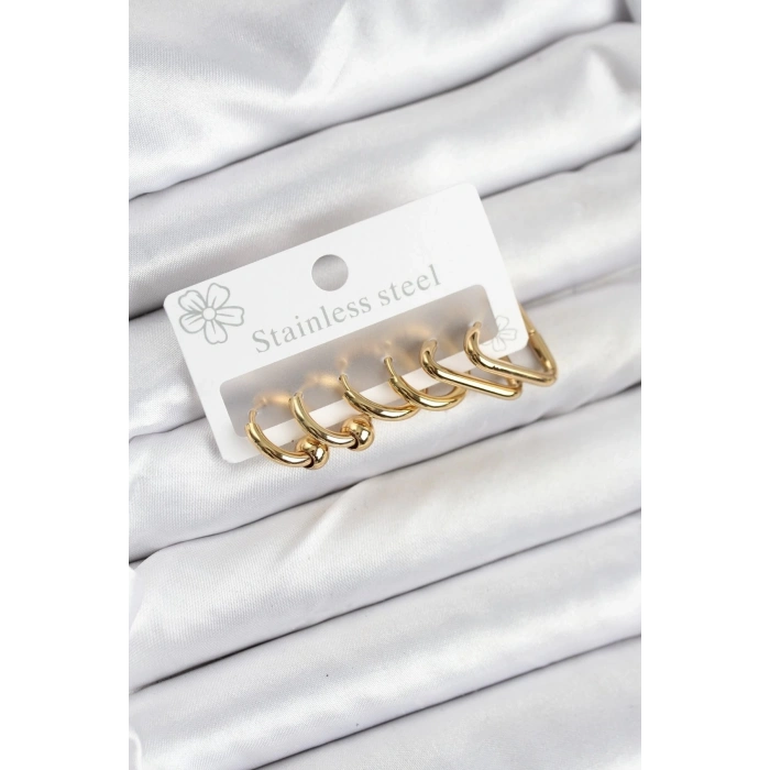 Mey İthalat® 316L Çelik Gold Renk Kadın Küpe Seti
