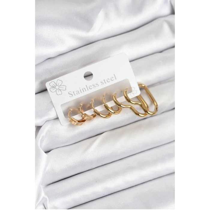 Mey İthalat® 316L Çelik Gold Renk Kadın Küpe Seti