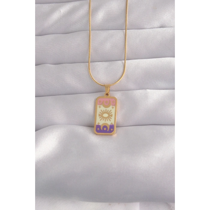 Mey İthalat® 316L Çelik Gold Renk Karışık Mineli Ay Figür Tarot Kolye