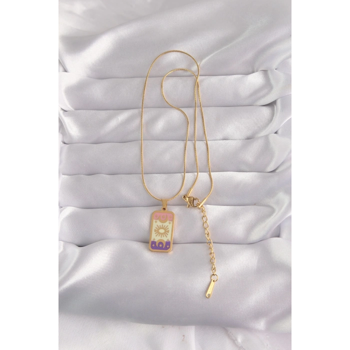 Mey İthalat® 316L Çelik Gold Renk Karışık Mineli Ay Figür Tarot Kolye