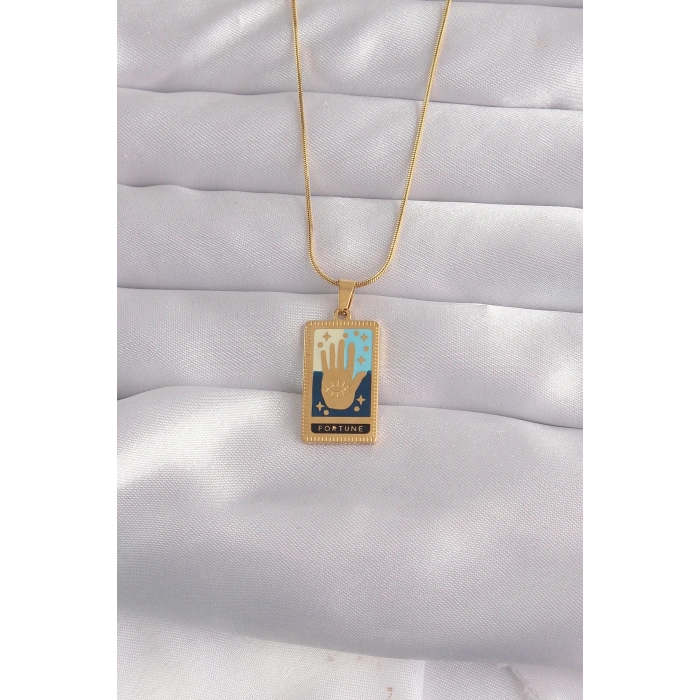 Mey İthalat® 316L Çelik Gold Renk Karışık Mineli El Figür Tarot Kolye