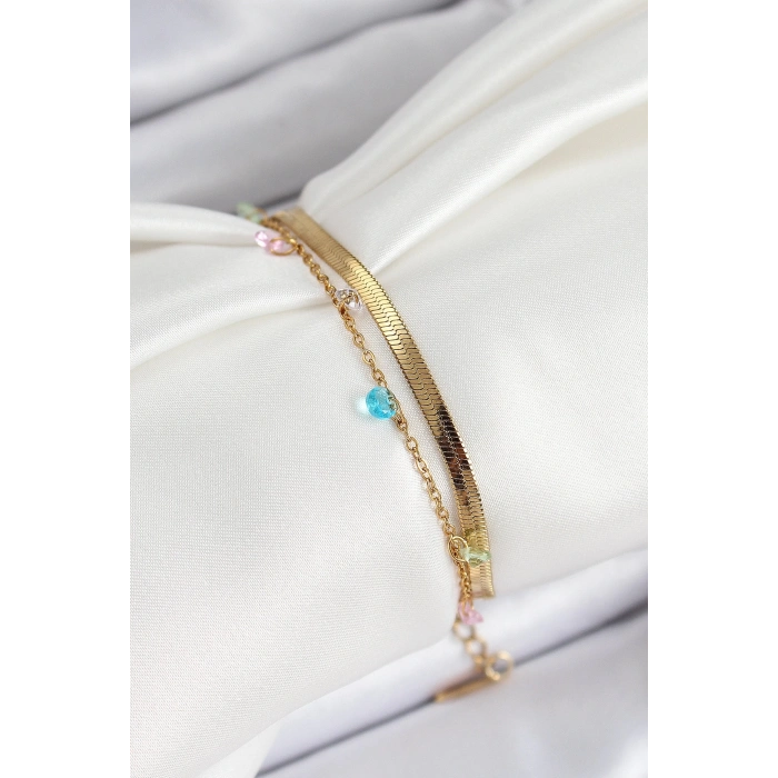 Mey İthalat® 316L Çelik Gold Renk Karışık Renkli Kristal Taşlı 2li Kadın Bileklik