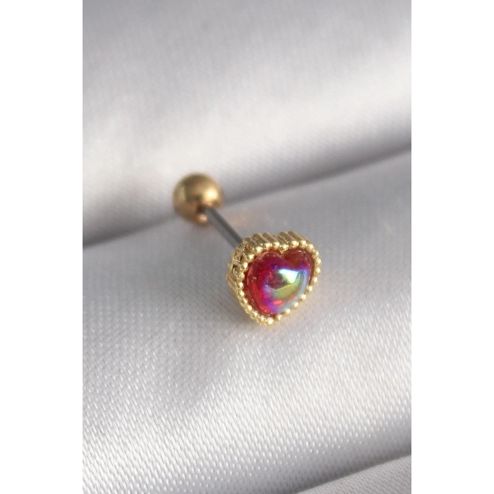 Mey İthalat® 316L Çelik Gold Renk Kırmızı Mineli Kalp Tragus Piercing