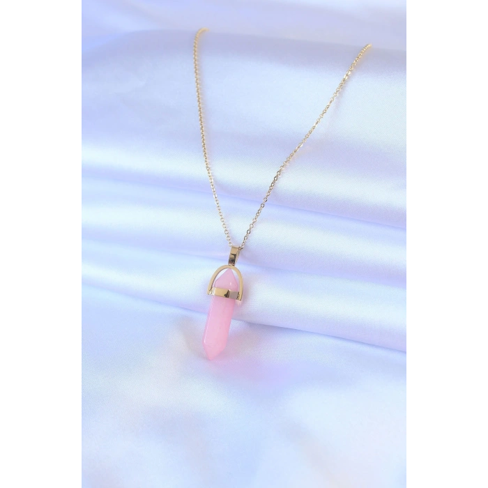 Mey İthalat® 316L Çelik Gold Renk Kristal Pembe Taş Model Kadın kolye