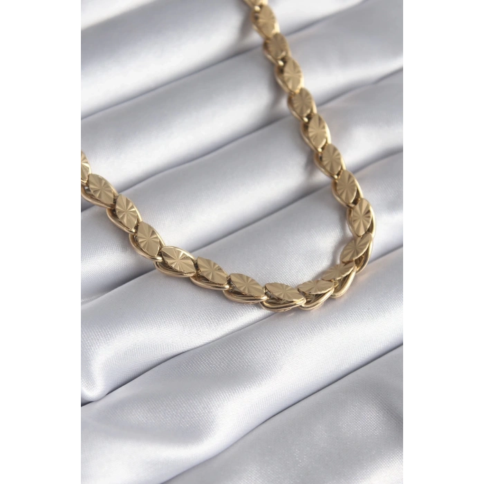 Mey İthalat® 316L Çelik Gold Renk Lazer Kesim Arpa Zincir Model Kadın Kolye